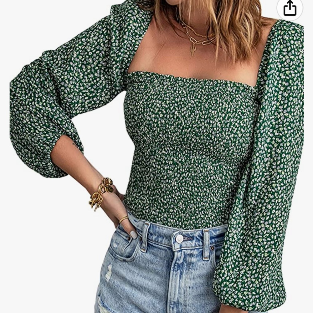 Puff sleeve square neck green floral blouse (M)